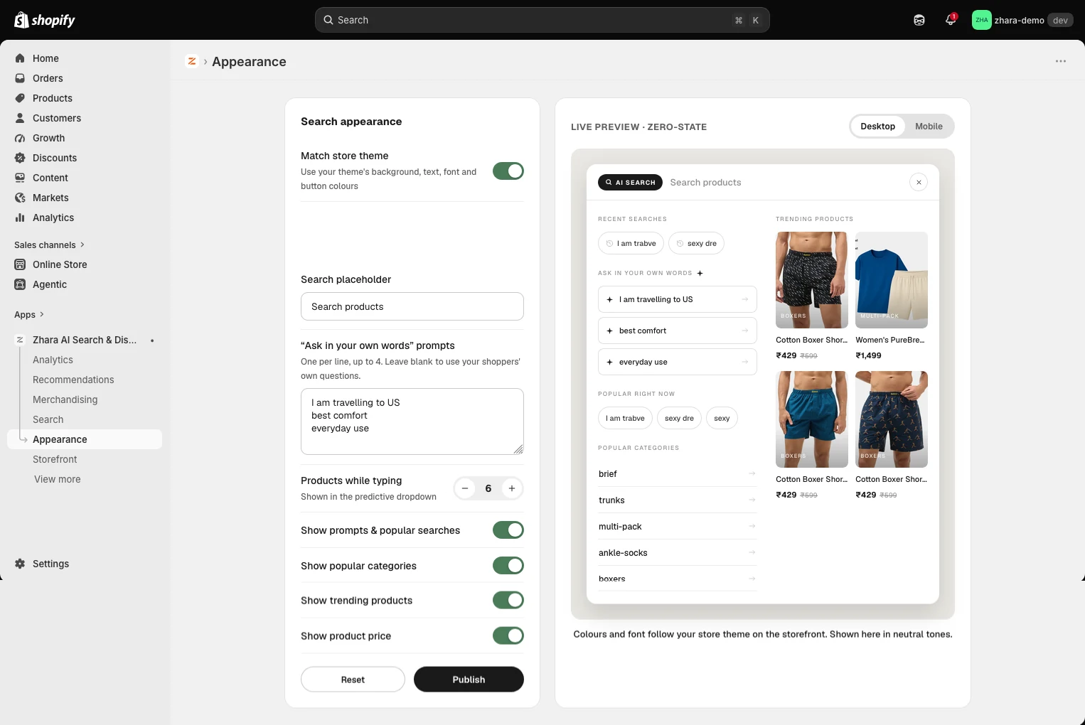 Zhara Appearance inside Shopify admin