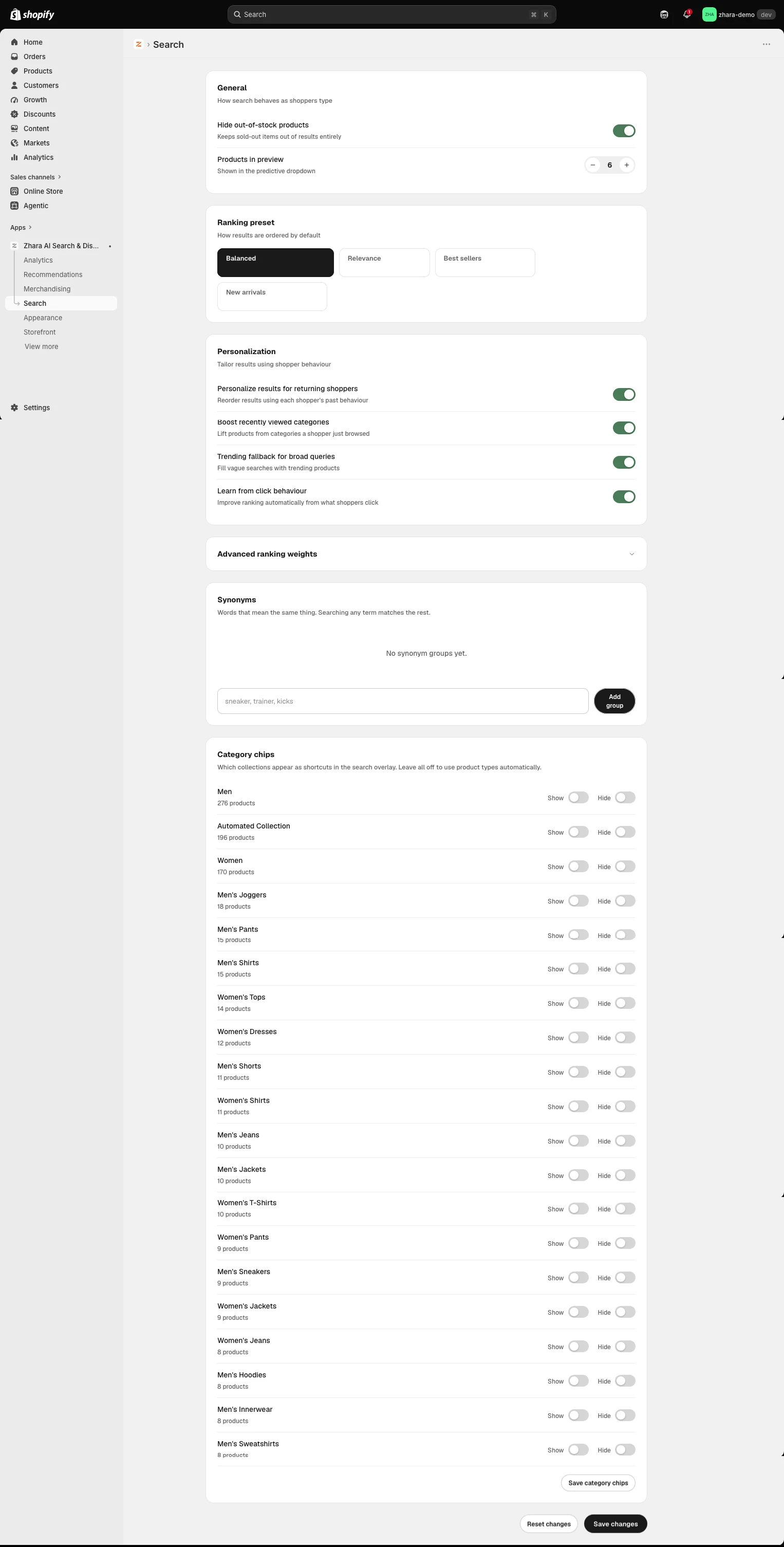 Zhara Search controls inside Shopify admin