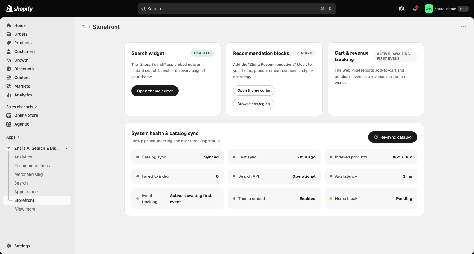 Zhara Storefront inside Shopify admin