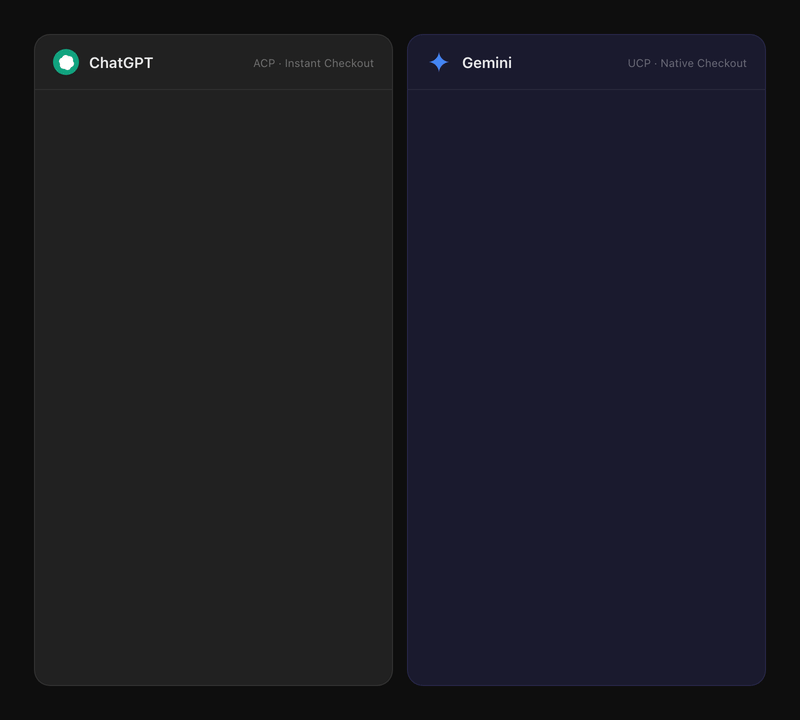 Split-screen demo: ChatGPT using ACP and Gemini using UCP both showing Zhara-powered product listings with inline checkout